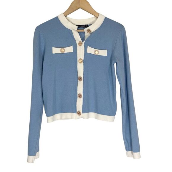 Emerson Lang Blue and Cream Button Front Cardigan Sweater S - Picture 2 of 7